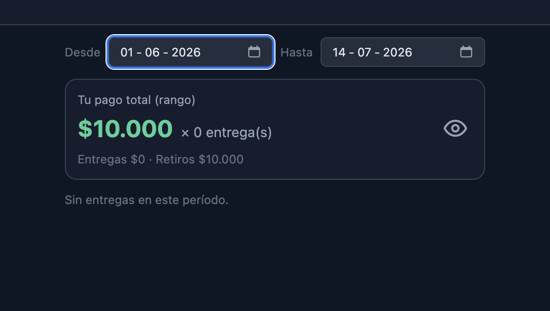 Reporte de cobro por entrega y liquidación por rango de fechas